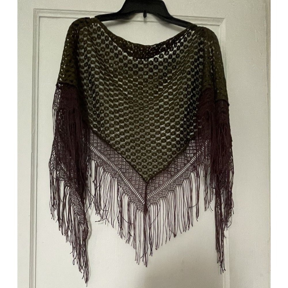 VTG Mesh Crochet Fringe Shawl Dark Green Burgundy Gold Accents Festival